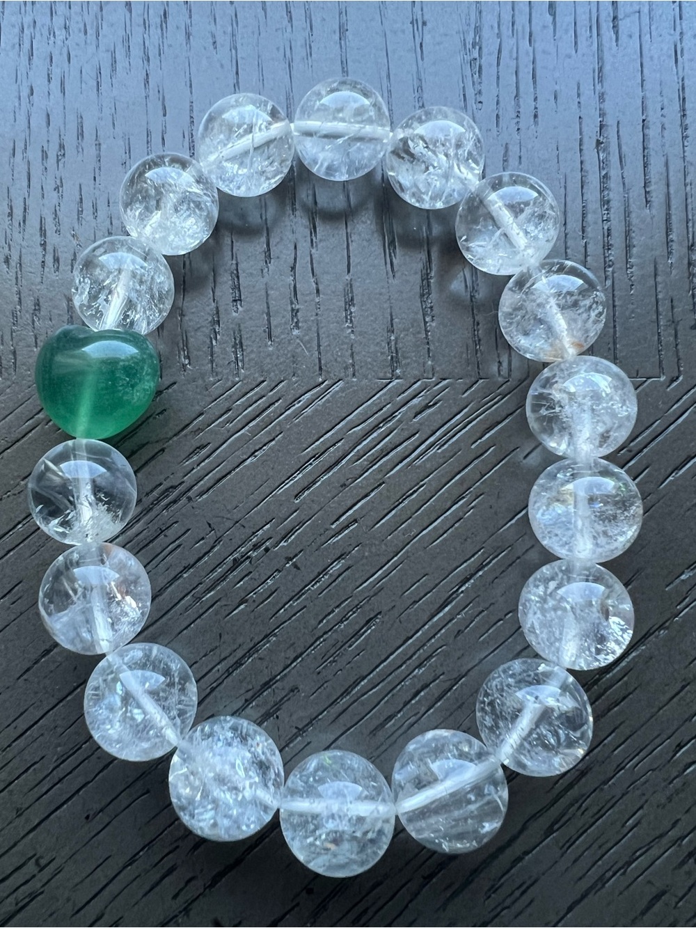 Lemurian quartz with fluorite heart bracelet 12mm SIZE 7.25’ - Picture 4 of 5